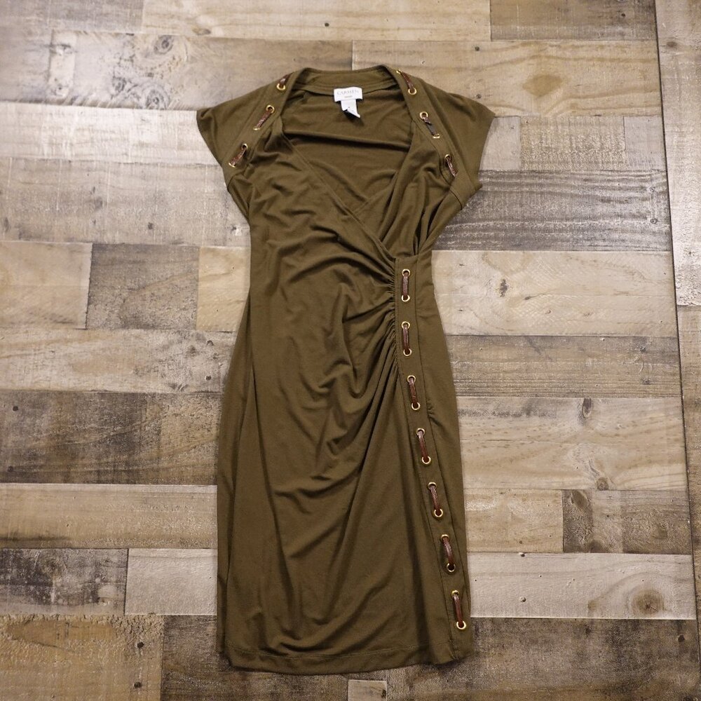 Carmen Marc Valvo Olive Grommet Faux-Leather Lace-Up Dress Women’s‎ M Midi